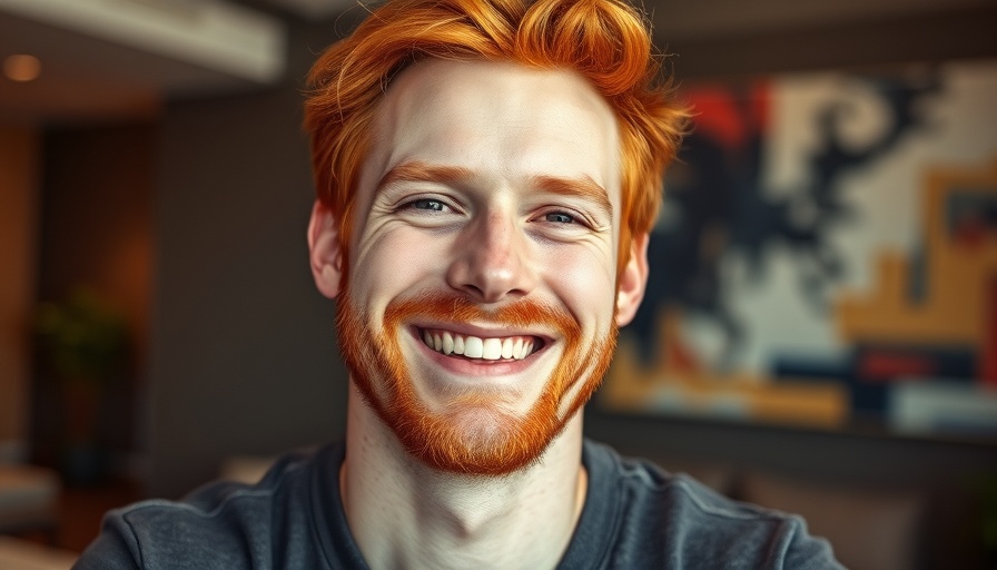 Man with vibrant red hair smiling in modern interior setting.