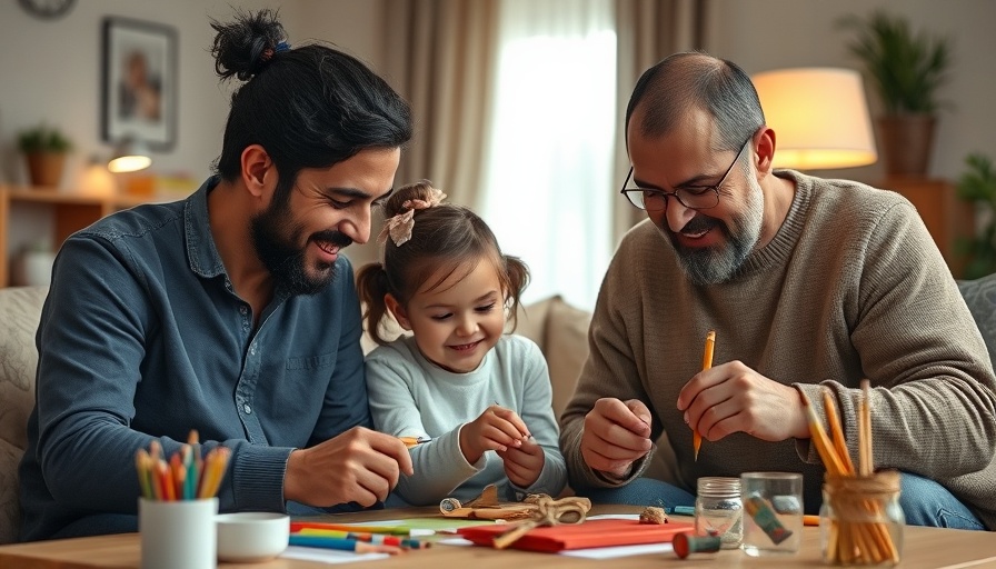 Loving family of two fathers and daughter creating art together.