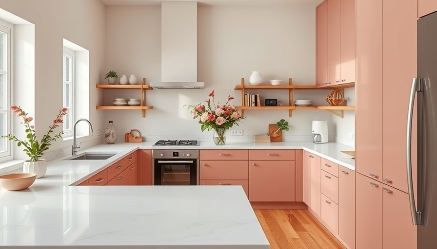Earthy pink kitchen design with modern decor and warm lighting.