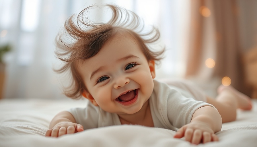 Adorable baby with playful hair smiling on a soft blanket, Top Baby Name Olivia.