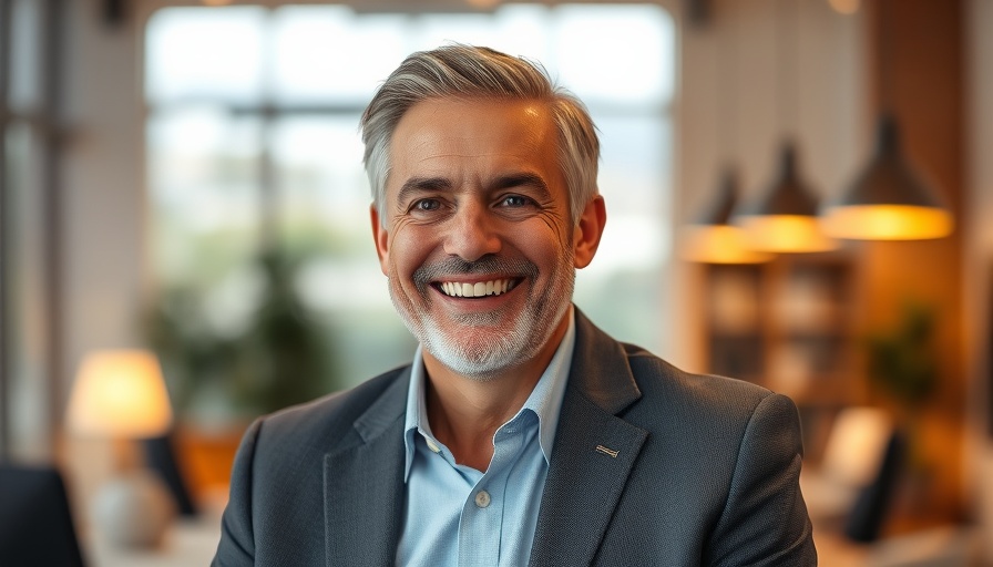 Confident professional man smiling in office setting.