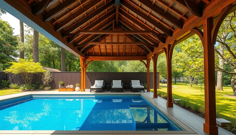 Outdoor pavilion by pool for summer gatherings, lush greenery.