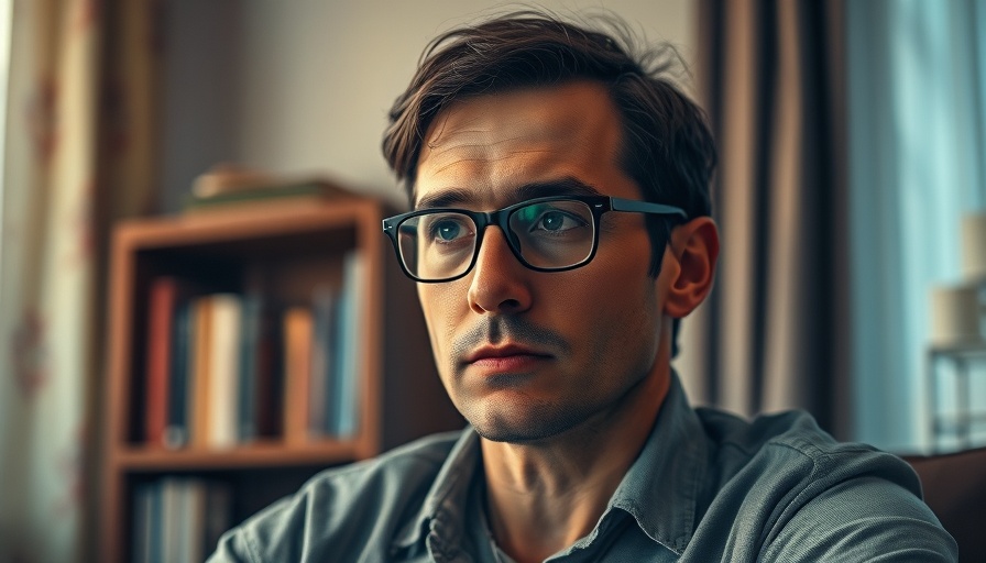 Contemplative man with glasses sitting indoors, bookshelf in background.