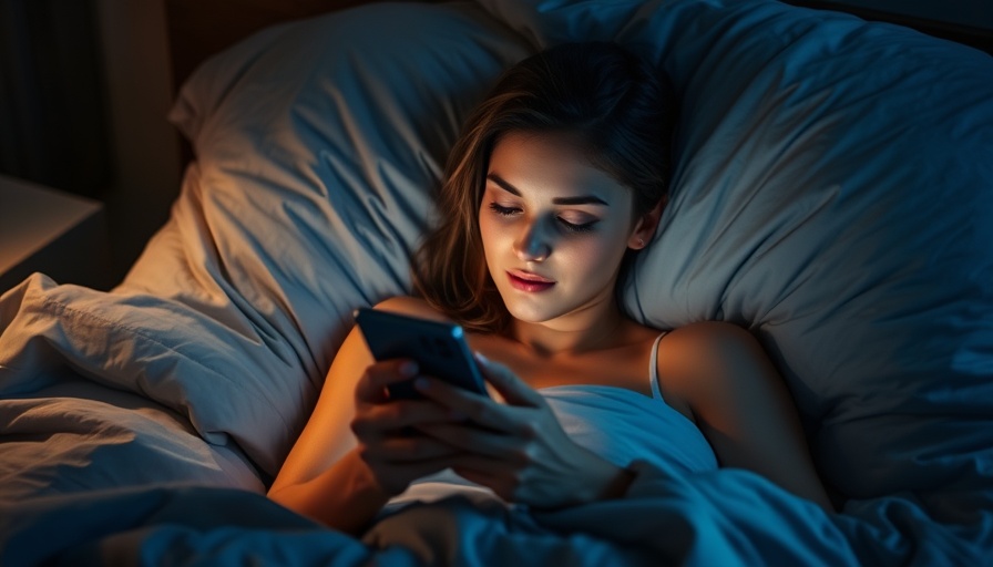 Woman using phone in bed after kids sleeping, subtle light.