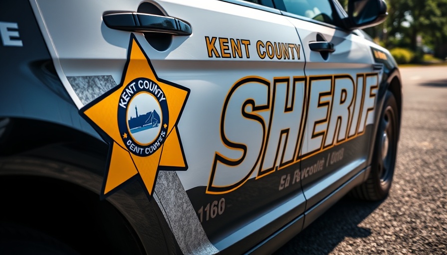 Kent County Sheriff vehicle close-up in sunlight, detail of emblem and text.