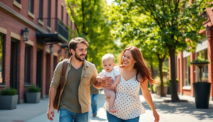 Happy family walking in a sunny urban setting.