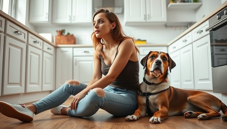 Resentful new parent contemplating while sitting beside a dog in the kitchen.