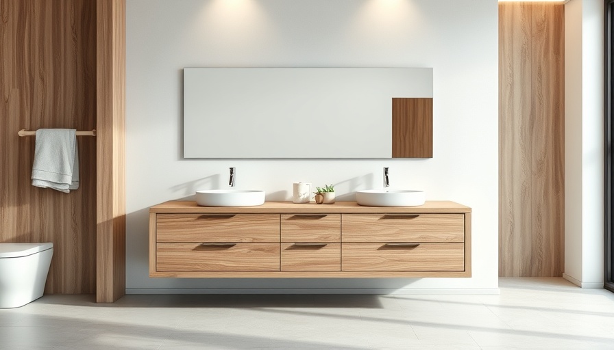 Modern bathroom with wooden vanity and dual sinks in minimalist design.