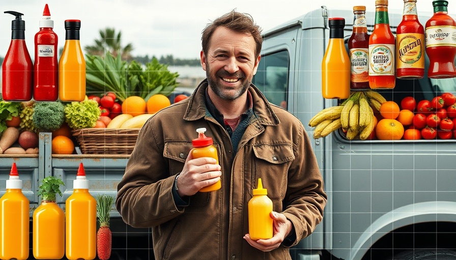Man with condiments and produce in outdoor setting for Glen Powell condiment brand.