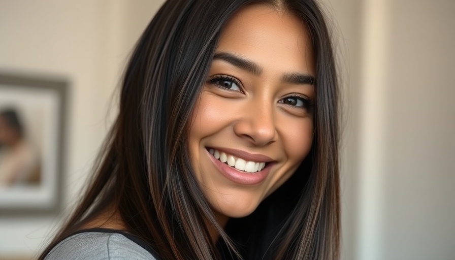 Close-up portrait of smiling woman indoors with long hair.