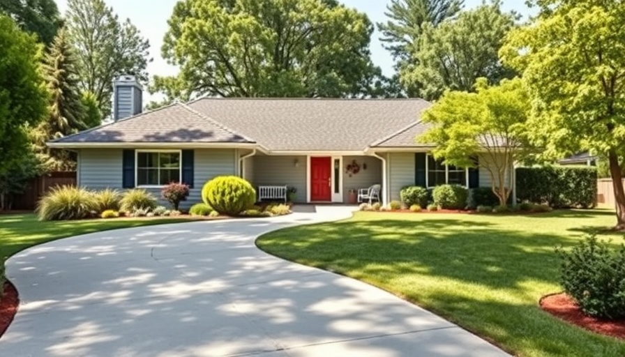 Charming ranch-style house design with lush front yard greenery.