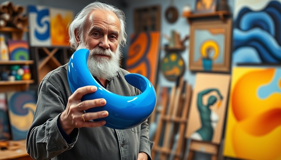 Documentary on skateboard artist with blue sculpture in colorful studio.
