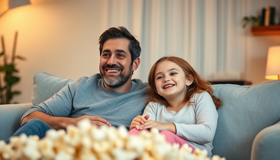 Father and daughter watch movies on couch with popcorn for kids weekend.