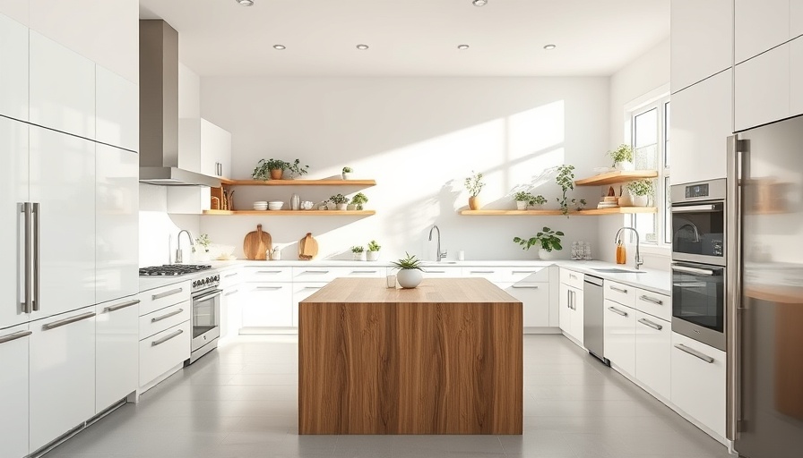 Open floor plan kitchen design with white cabinets and wooden island.