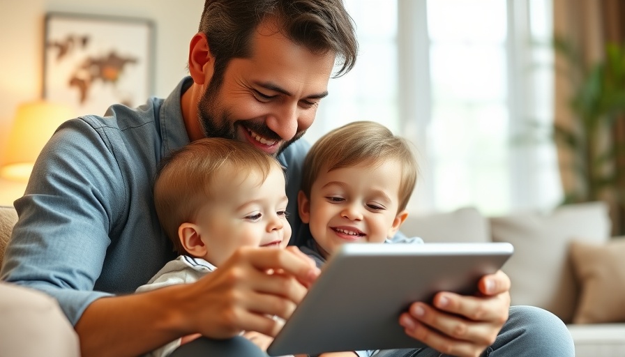 Father and child enjoying a show on a tablet in a cozy setting.