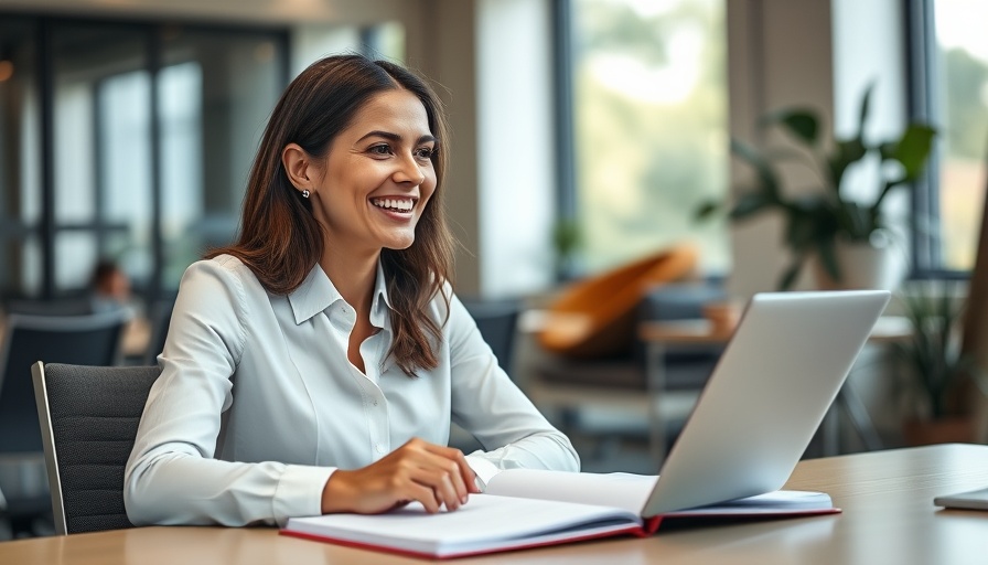 Woman in office smiling warmly while conversing, illustrating people pleasers learning to say no.