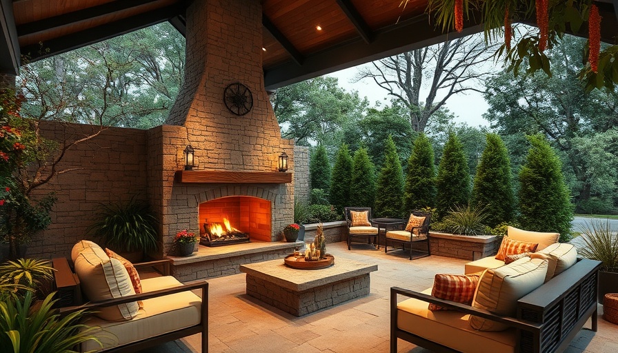 Luxurious outdoor living space with stone fireplace and elegant seating.