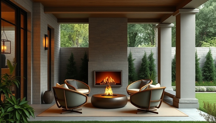 Chic outdoor living space with cozy seating and fireplace.