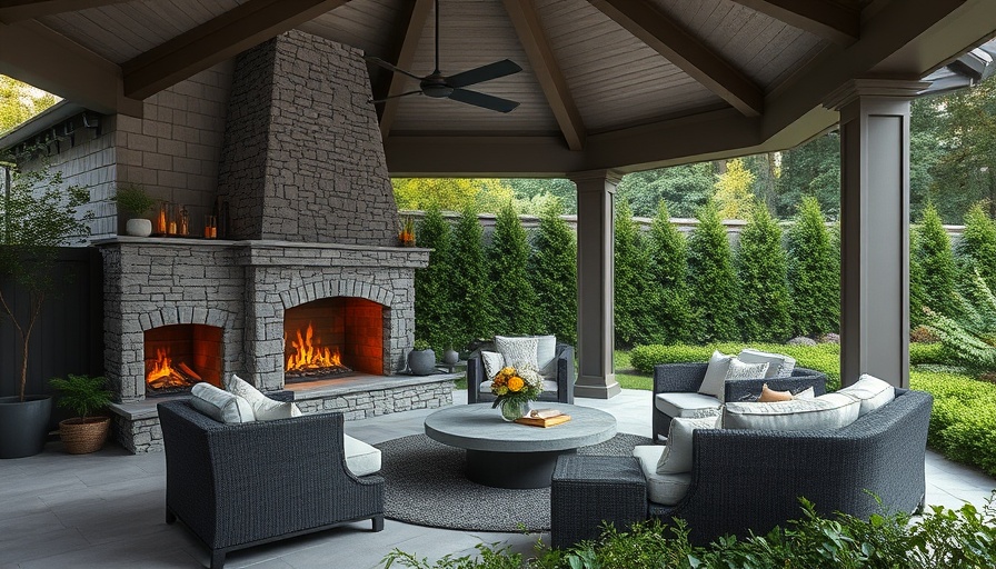 Contemporary outdoor living space with fireplace and seating.