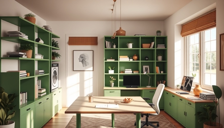 Chic modern home office with green shelves, best home offices right now.