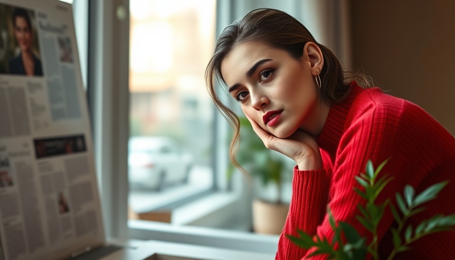 Vibrant red outfit female posing thoughtfully indoors.