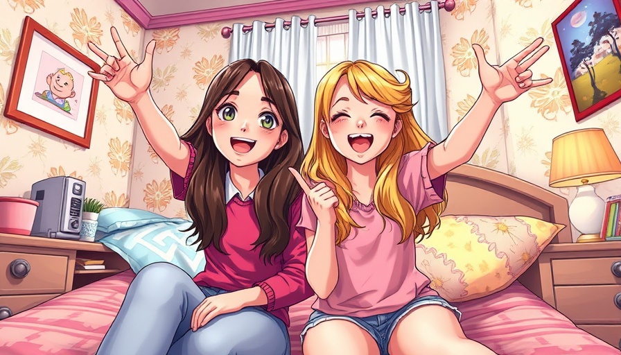 Teenage girls texting with joy, vibrant digital art in a cozy room.