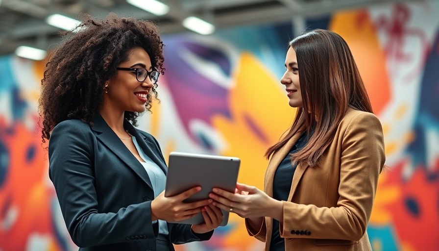 Two women discussing master negotiation skills, vivid abstract background.