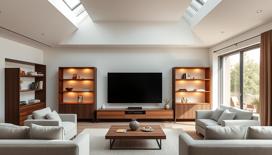 Contemporary living room design with modern decor and skylight.