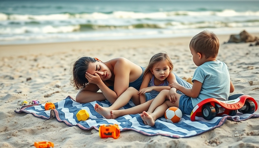 Exhausted mom with kids on beach during family vacation.