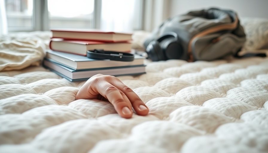 Close-up of soft dorm mattress topper with books and backpack