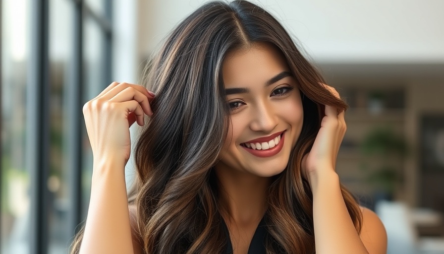 Smiling woman with wavy hair using heatless curler for fuller effects.