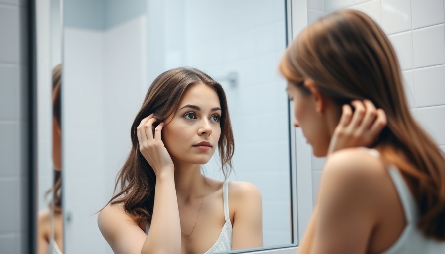 Young woman checking hair in bathroom mirror for hair loss treatment.
