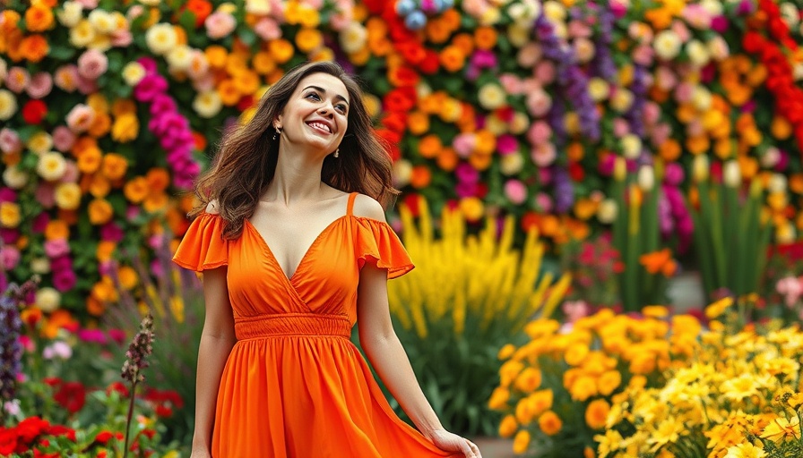 Joyful woman in orange dress among colorful flowers, boosting mood