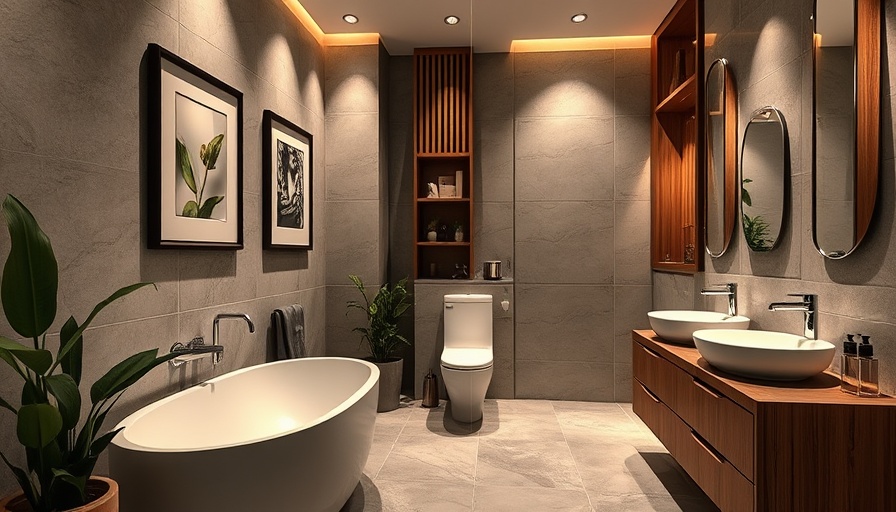 Modern bathroom makeover with framed artwork and wooden cabinetry.
