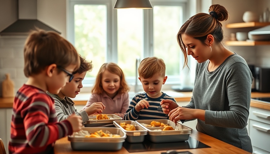 Family preparing lunchboxes in modern kitchen, addressing microplastics.