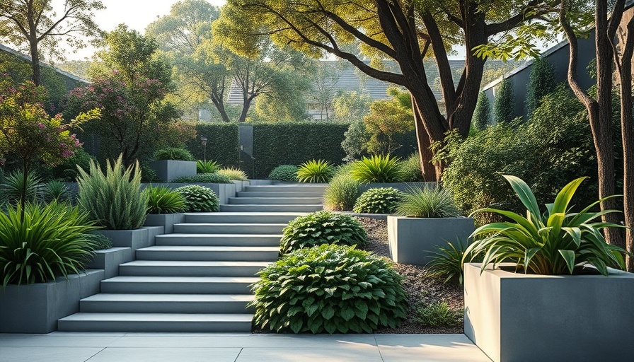 Modern garden design with lush greenery and concrete planters.