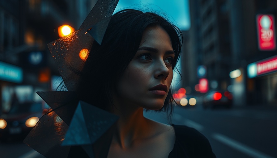 Artistic depiction of a thoughtful woman with urban backdrop.