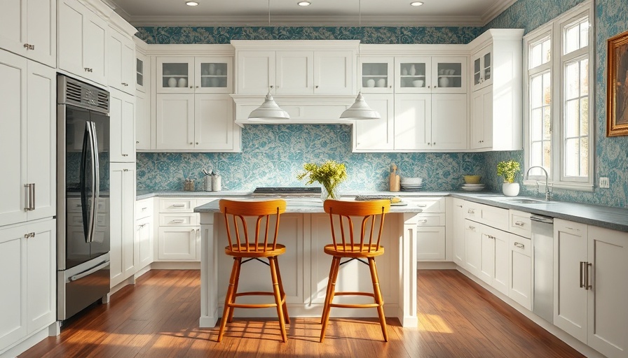 Warm kitchen with teal wallpaper and marble countertop, Virginia kitchen renovation.
