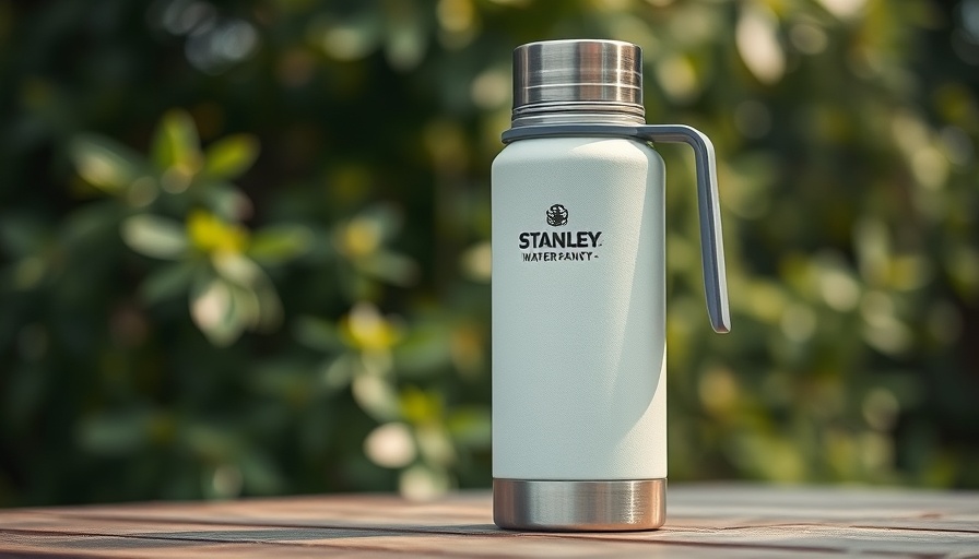 Stanley water bottle close-up outdoors amid greenery