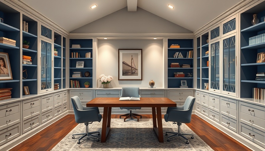 Stylish new home office with built-in storage, attic space.