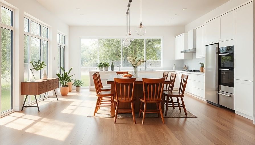 Modern kitchen with wooden dining set and natural light.