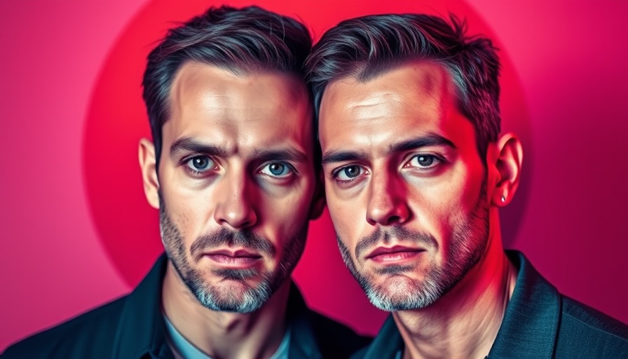 Colorful duotone portrait of two men, digital art style.