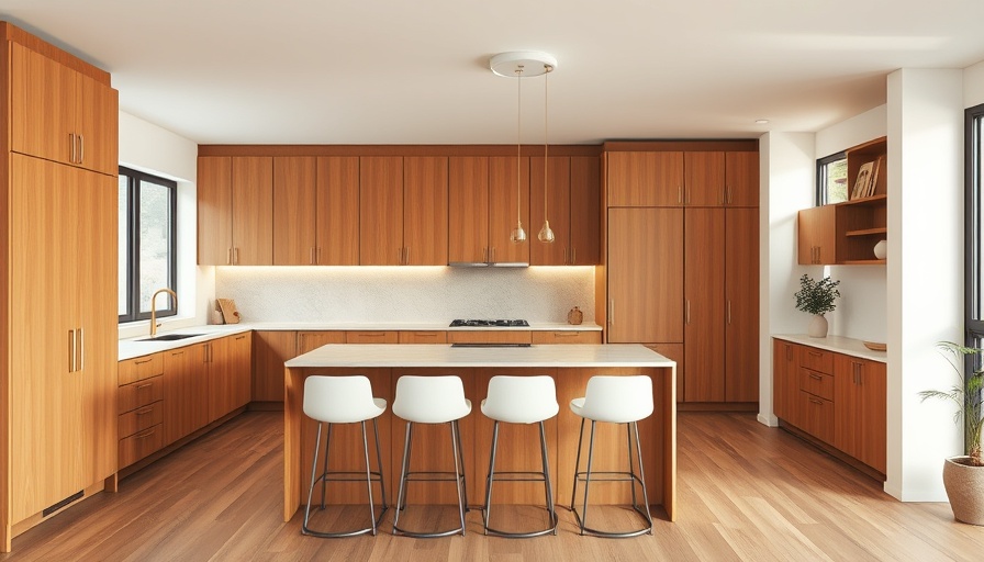 Modern kitchen with beautiful wood cabinetry and white barstools.