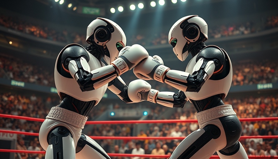 Humanoid robots boxing at the World Humanoid Robot Games, vibrant stadium atmosphere