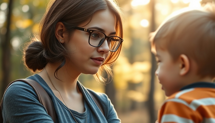 Thoughtful conversation between a mother and child in a sunny forest.