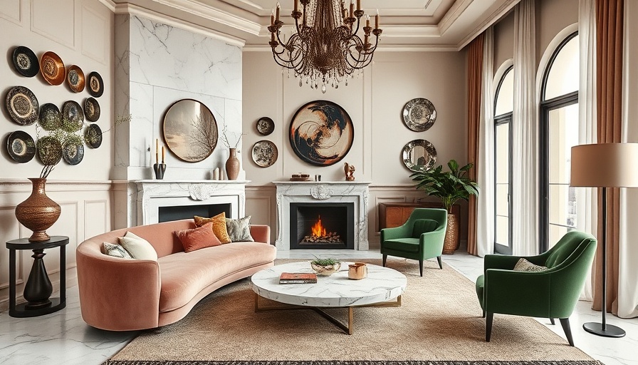 Stylishly layered living room with marble fireplace and plush seating.