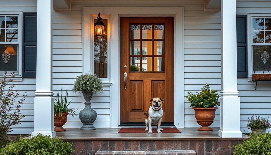 Inviting front porch with wooden door and calm dog, refresh your front porch concept.