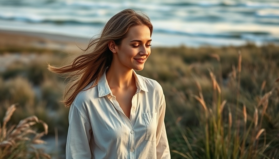 Woman in matching linen set for Florida heat on beach boardwalk.