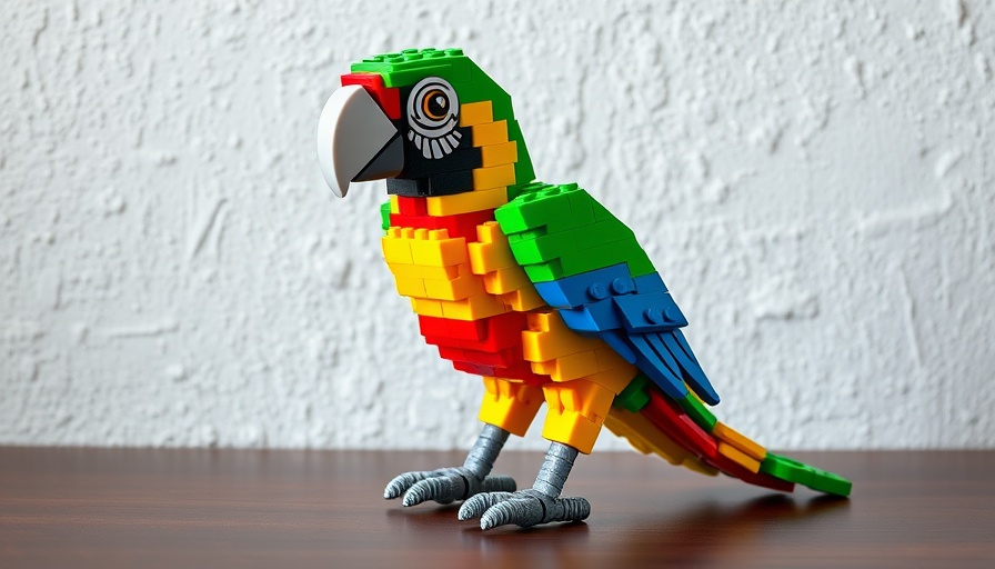 Colorful Lego sets including parrots and flowers on display.