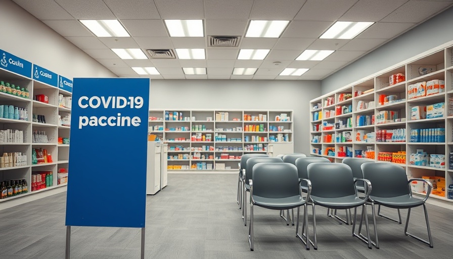 Pharmacy COVID-19 vaccine waiting area with check-in sign.
